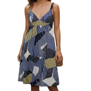Banana Republic Dress 6P Geometric Navy Yellow Fit‎ Flare Sleeveless Work Casual